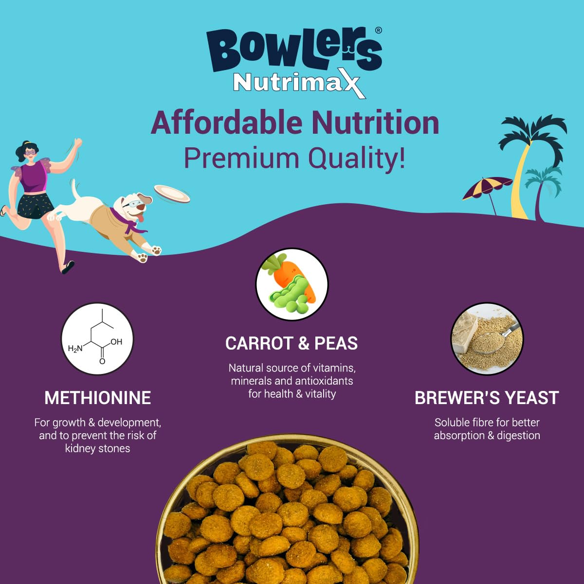 Bowlers Nutrimax Adult Dry Dog Food | Chicken & Vegetables | 1.2 kg Protein | Smooth Digestion & Healthy Coat | Complete & Balanced Nutrition | Enriched with Essential Amino Acids