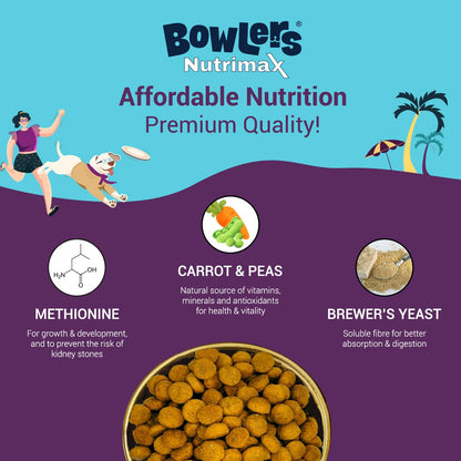 Bowlers Nutrimax Adult Dry Dog Food | Chicken & Vegetables | 1.2 kg Protein | Smooth Digestion & Healthy Coat | Complete & Balanced Nutrition | Enriched with Essential Amino Acids
