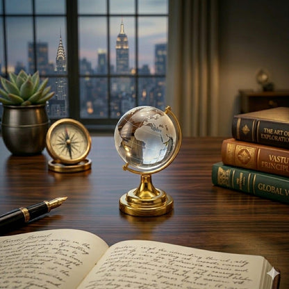 Feng Shui Crystal Globe Idol with Golden Stand | Vastu Glass Miniature Globe for Positive Energy, Success, Good Luck and Prosperity | Vastu Remedy, Study Table, Office (Export Quality)