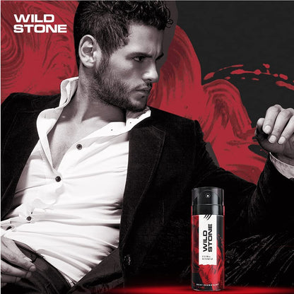 Man in formal attire with Wild Stone deodorant can on a red and black background