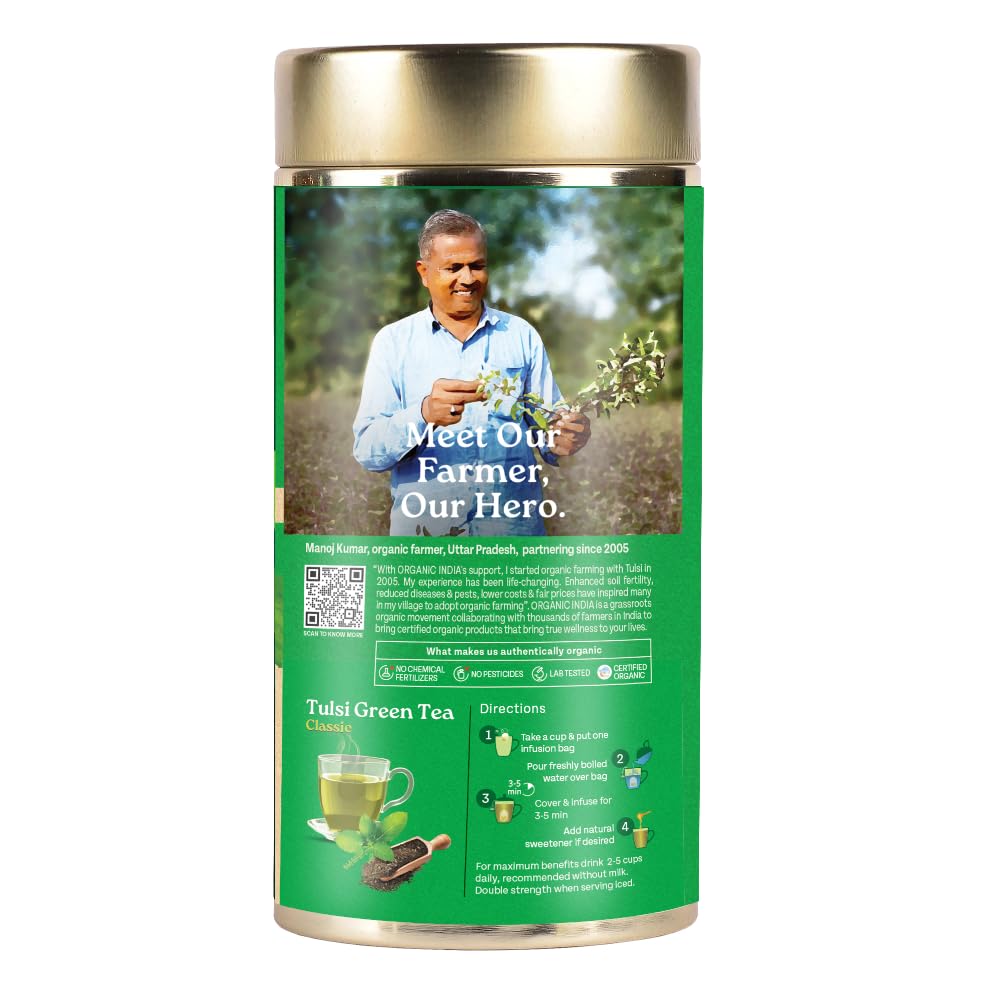 A TATA Product - Organic India Tulsi Green Tea Classic Loose Leaves - 100g, Stress Relieving, Uplifts Mood, Rich in Antioxidants, Blend of Rama, Krishna & Vana, Certified Organic