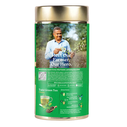 A TATA Product - Organic India Tulsi Green Tea Classic Loose Leaves - 100g, Stress Relieving, Uplifts Mood, Rich in Antioxidants, Blend of Rama, Krishna & Vana, Certified Organic