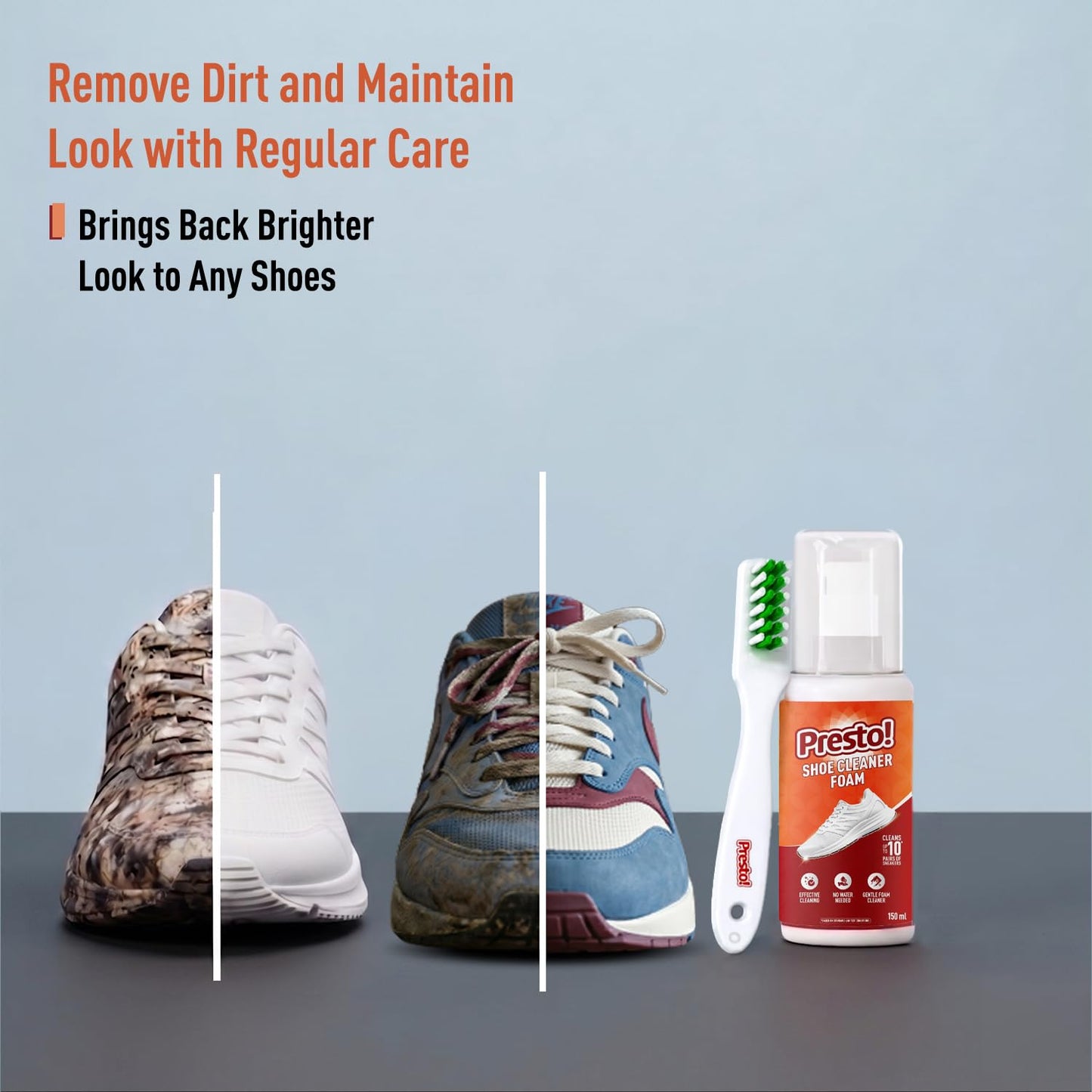 Amazon Brand - Presto! Sports Shoe Cleaner With Brush 150 ml | Removes Tough Stains | No Water Required | Ready To Use