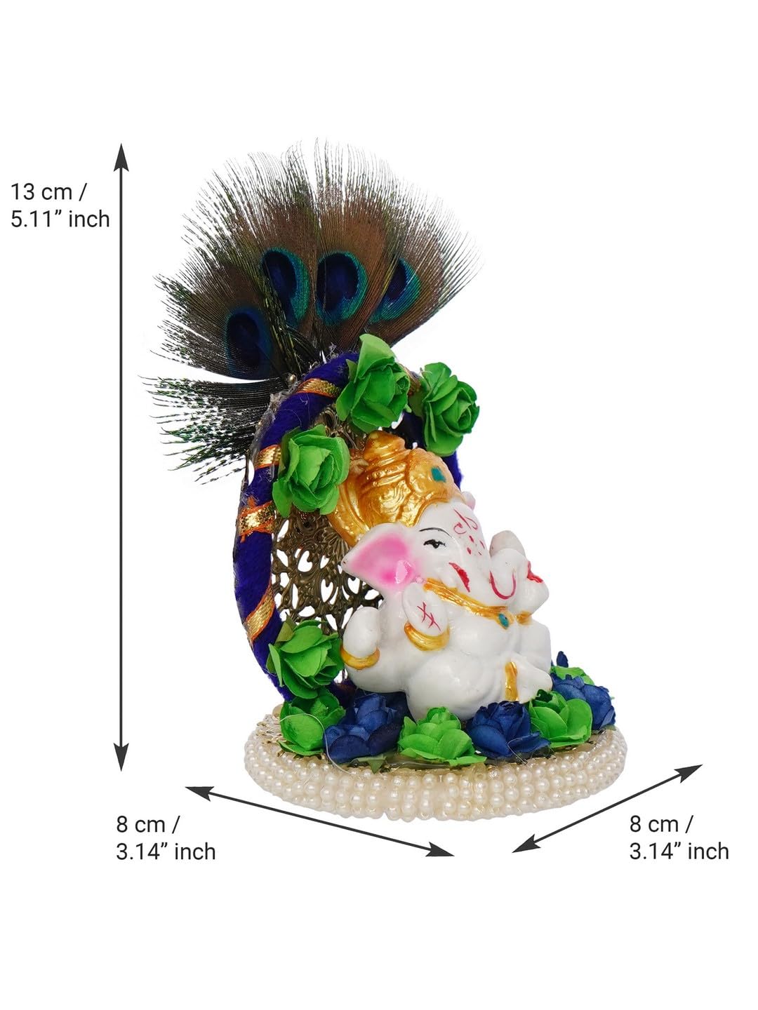 Resin Handcrafted Lord Ganesha Idol on Peacock Feather Floral Designer Plate, Divine Home Decor for Pooja Room, Car Dashboard | Gift for Diwali, Ganesh Chaturthi, Spiritual Enthusiasts