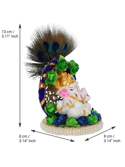 Resin Handcrafted Lord Ganesha Idol on Peacock Feather Floral Designer Plate, Divine Home Decor for Pooja Room, Car Dashboard | Gift for Diwali, Ganesh Chaturthi, Spiritual Enthusiasts