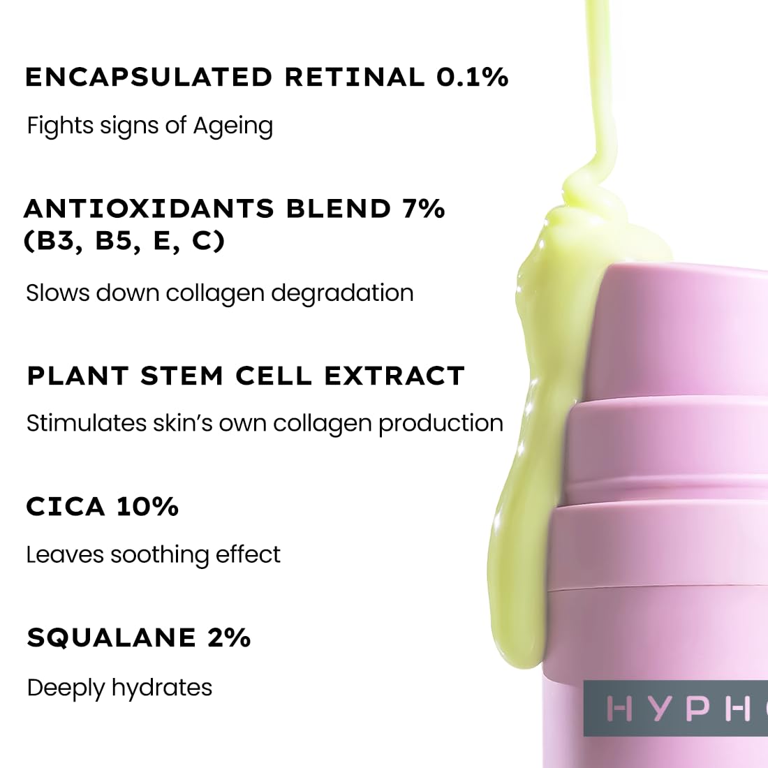 Pink skincare product with text detailing ingredients and benefits on a white background