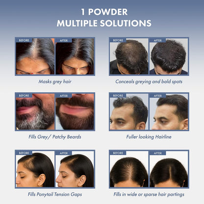 Before and after effects of a hair powder solution on various hair concerns.