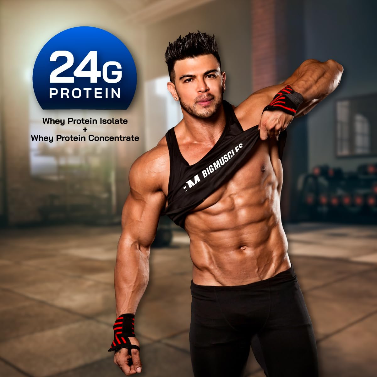 Muscular man in a gym setting with 24G Protein branding