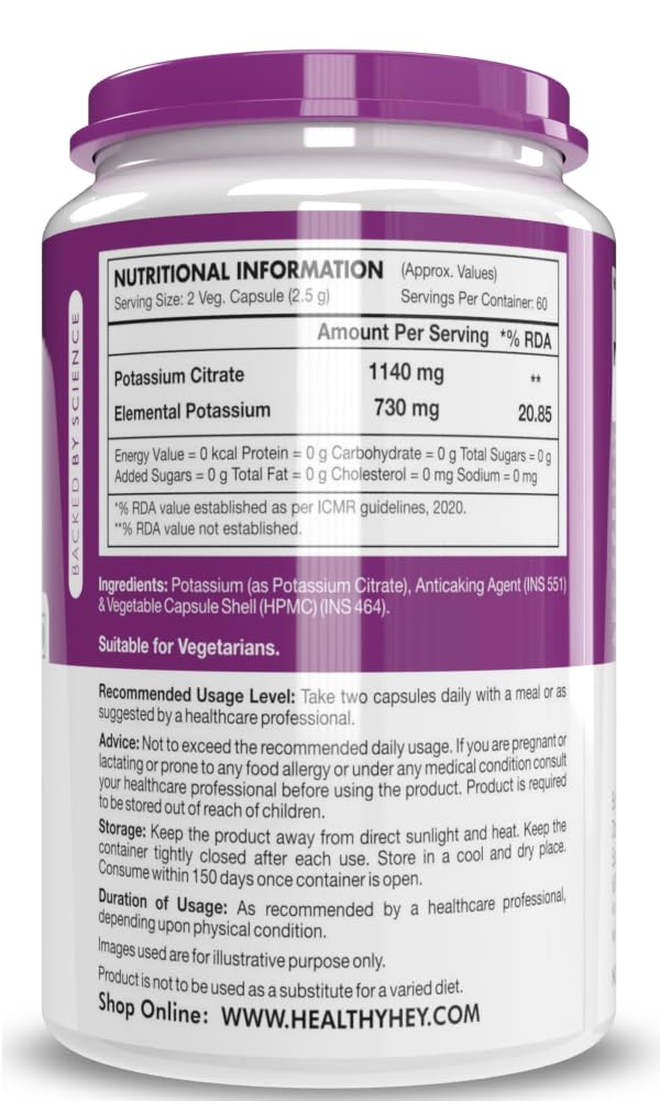 Zephivo HealthyHey Nutrition Potassium Citrate -120 Vegetable Capsules
