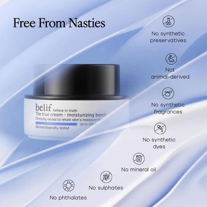 belif moisturizing cream jar with ingredient information on a light blue background