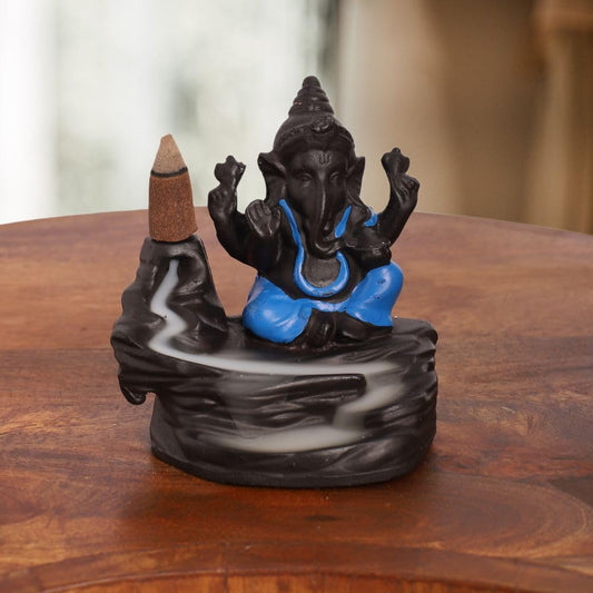 Blue & Brown Ganesha Idol Statue with 8 Incense Smoke Backflow Fountain Cone Incense Holder | for Return Gift, Table, Home Decorative Showpiece Item