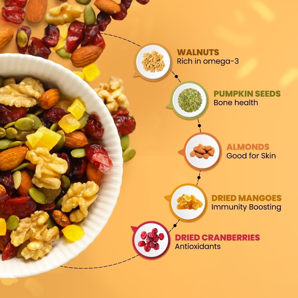 Paper Boat Mega Omega Dry Fruits Mix, Premium Trail Mix with Omega 3 | Healthy Mixed Nuts with Almonds | Walnuts | Cranberry | Pumpkin Seeds (Pack of 10, 30g each)