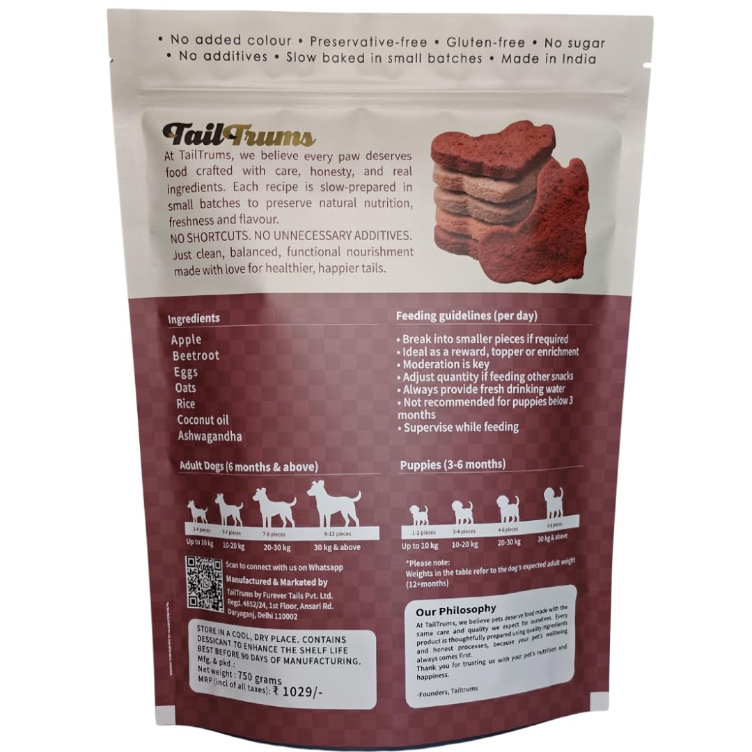 TailTrums Dog Biscuits – Apple Beetroot Cookies with Ashwagandha 750g | Healthy Dog Food | All Breeds | Cookies for Dog, Snacks for Dogs