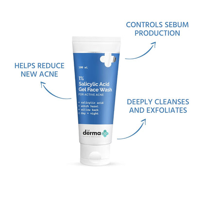 Tube of derma+ 1% Salicylic Acid Gel Face Wash with text on benefits on a white background