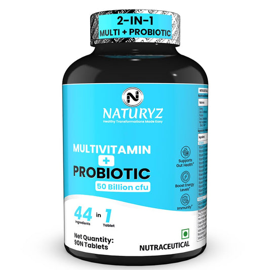 Naturyz multivitamin and probiotic supplement bottle on a white background