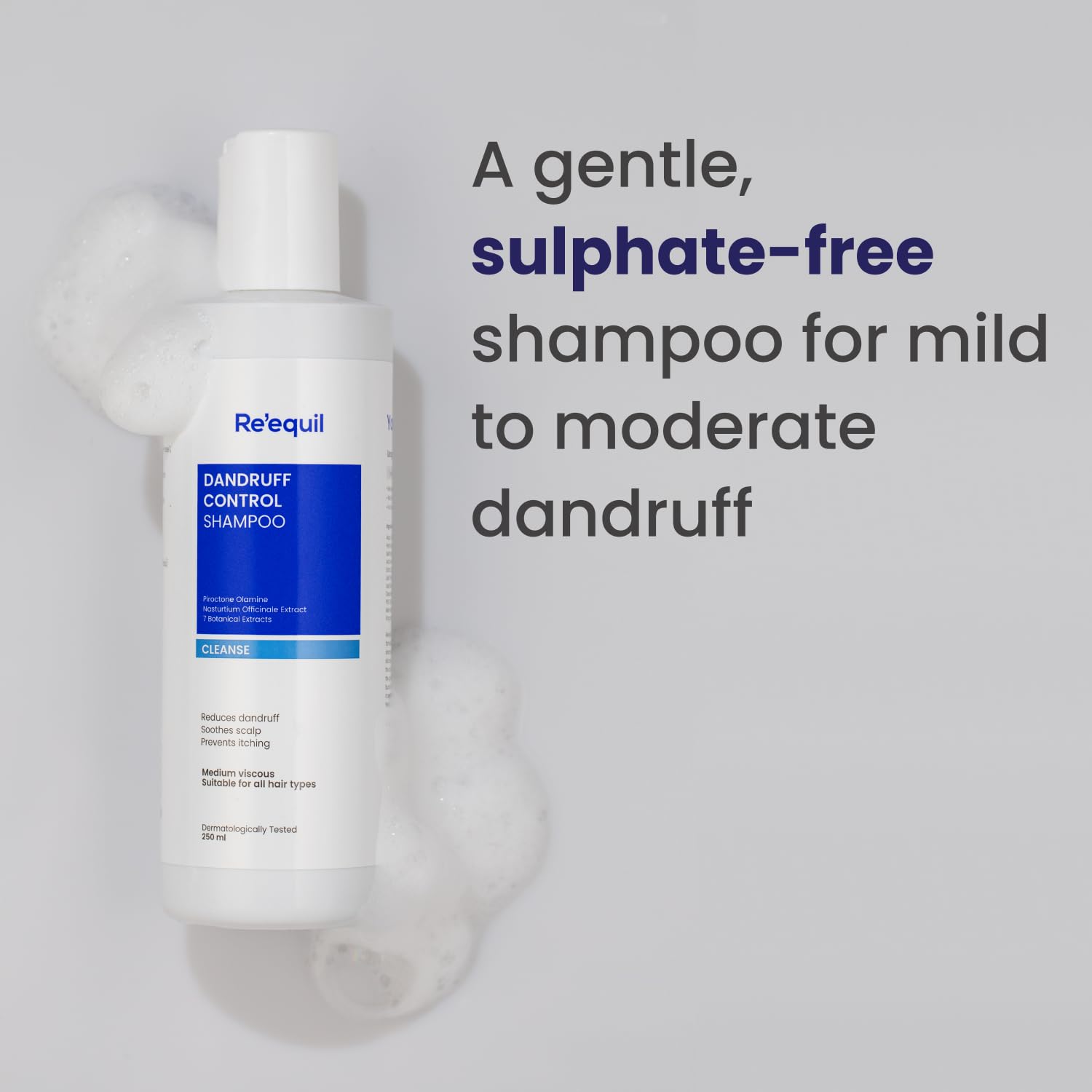 Shampoo bottle labeled 'Re'equil' on a gray background with text about dandruff control.