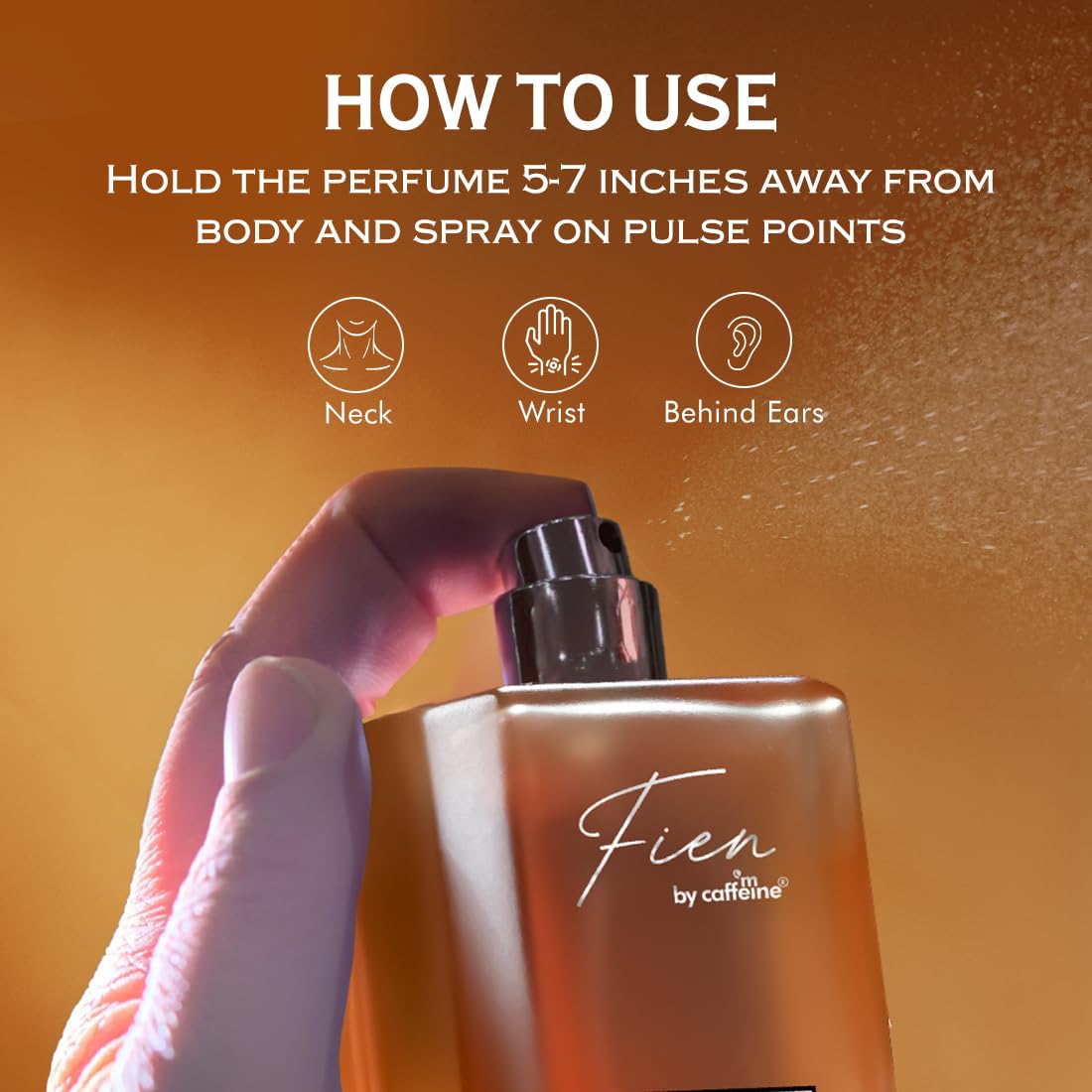 Perfume bottle with usage instructions on an orange background