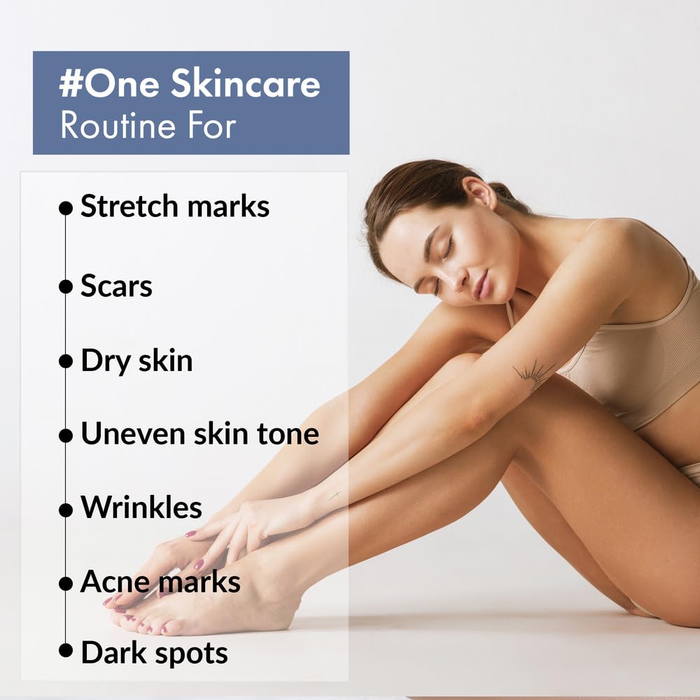 Woman sitting with a list of skincare issues on a white background