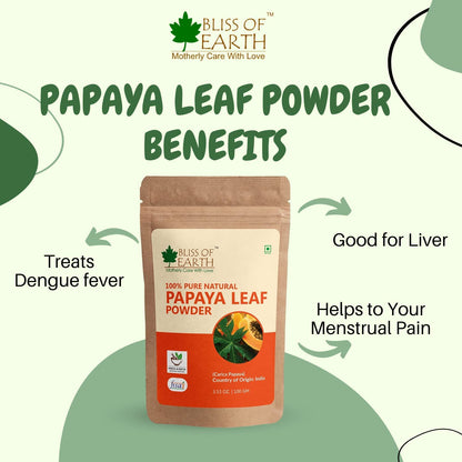 BLISS OF EARTH 100% Pure Papaya Leaf Powder Carica Papaya Helps Digestion & Increases Platelets Anti-Oxidant Skin Rejuvenation 100Gm