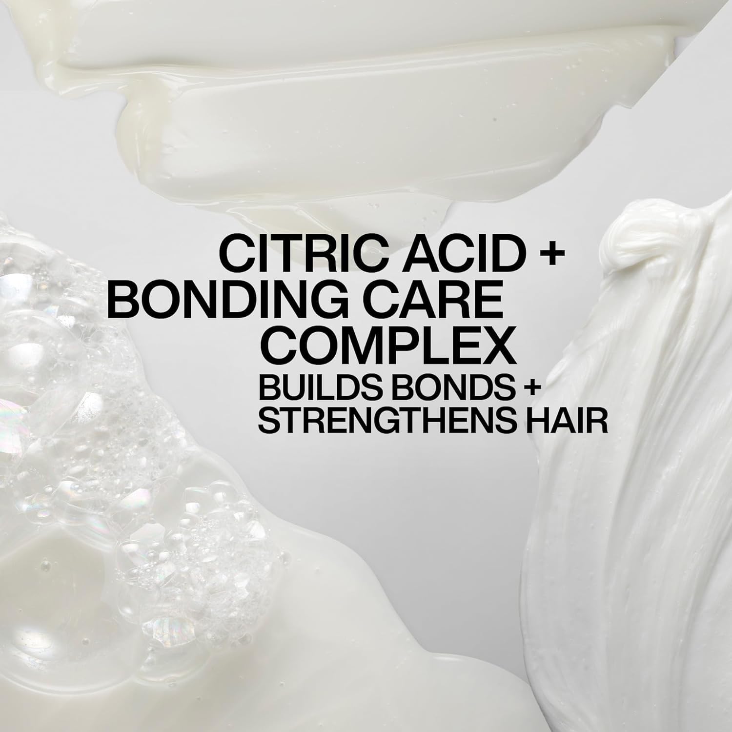 Text overlay on a close-up of a hair care product with text about citric acid and bonding care complex.
