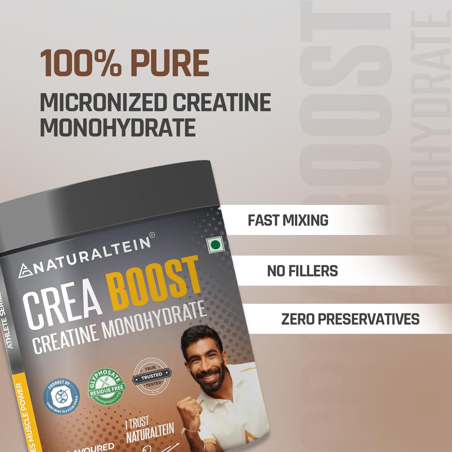 Package of Naturaltein Crea Boost with text highlighting features on a gradient background