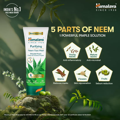 Himalaya Purifying Neem Face Wash with neem leaf benefits on a green background