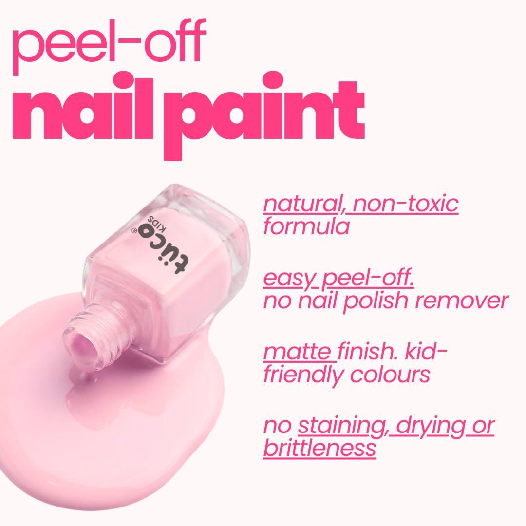 Pink peel-off nail paint with bottle and description on a white background
