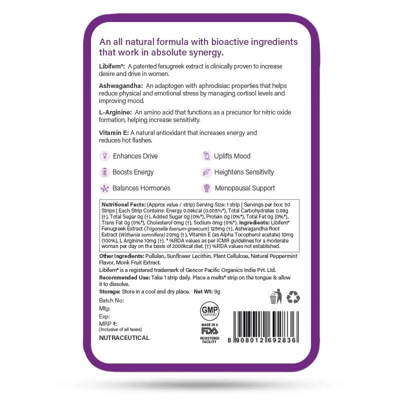 Wellbeing Nutrition melts Her Desire | Libifem, L-Arginine, Ashwagandha & Vitamin E | Increase Drive and Energy in Women (30 Oral Strips)