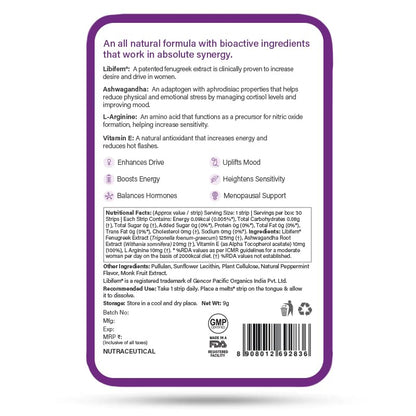 Wellbeing Nutrition melts Her Desire | Libifem, L-Arginine, Ashwagandha & Vitamin E | Increase Drive and Energy in Women (30 Oral Strips)