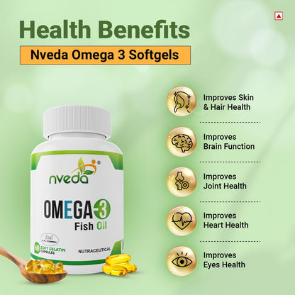 Nveda Omega-3-Fish-Oil 1000mg For Men & Women, Omega 3 fatty-acid 60 Capsules with 180mg EPA-DHA 120mg for Healthy Heart, Eyes, Brain & Joints