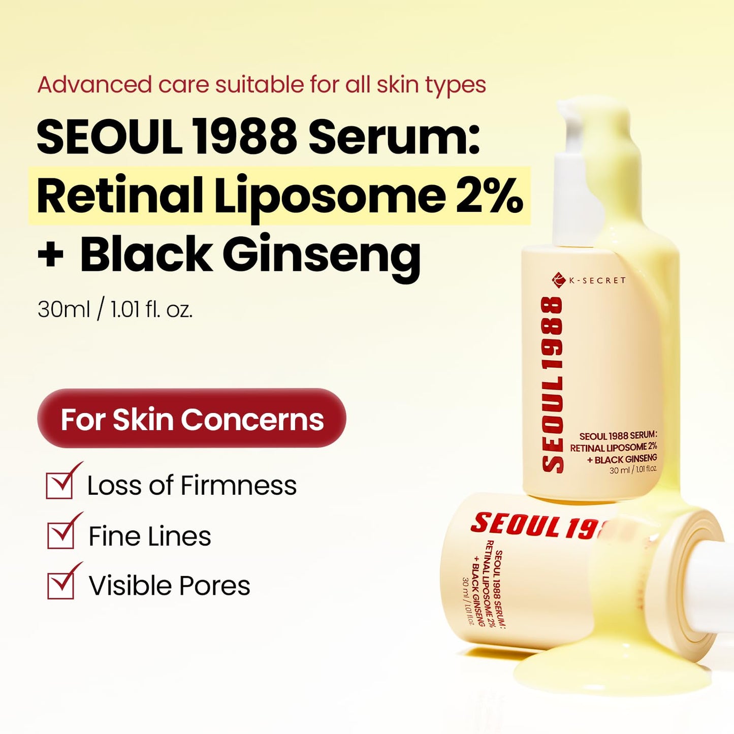 K-SECRET SEOUL 1988 Serum : Retinal Liposome 2% + Black Ginseng, 30ml/1.01fl.oz | 58% Black Ginseng Extract | Retinal serum, Bakuchiol, VitaminC&3Peptides for Wrinkle Care | Korean Skincare | seoul1988