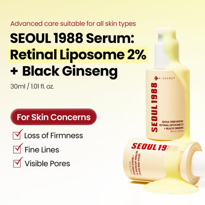 K-SECRET SEOUL 1988 Serum : Retinal Liposome 2% + Black Ginseng, 30ml/1.01fl.oz | 58% Black Ginseng Extract | Retinal serum, Bakuchiol, VitaminC&3Peptides for Wrinkle Care | Korean Skincare | seoul1988