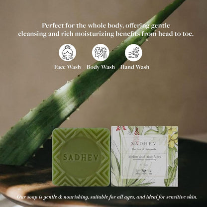 Sadhev Ayurvedic Luxury Soap Bar | Melon & Aloe Vera | Natural Loofah for Exfoliation | Sweet Almond & Wheat Germ Oil | Heals Dry Skin, Imparts Natural Glow | Handcrafted, Vegan, Cruelty Free | 125g