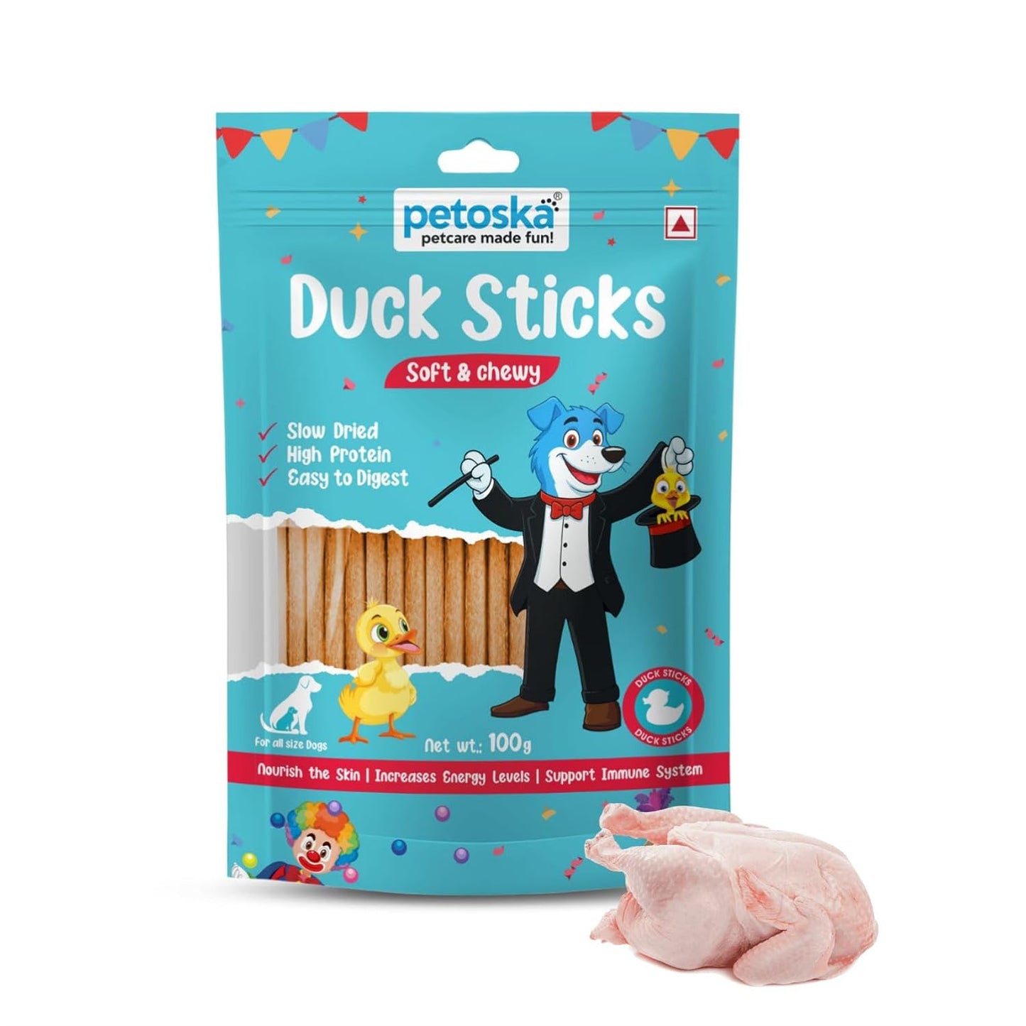 PETOSKA Duck Sticks- 100gms | Dog Treats Made with Duck Meat & Chicken Meat | Highly Nutritious | Easy to Digest | Healthy Skin & Coat | Suitable for All Dog Breeds | Pack of 1