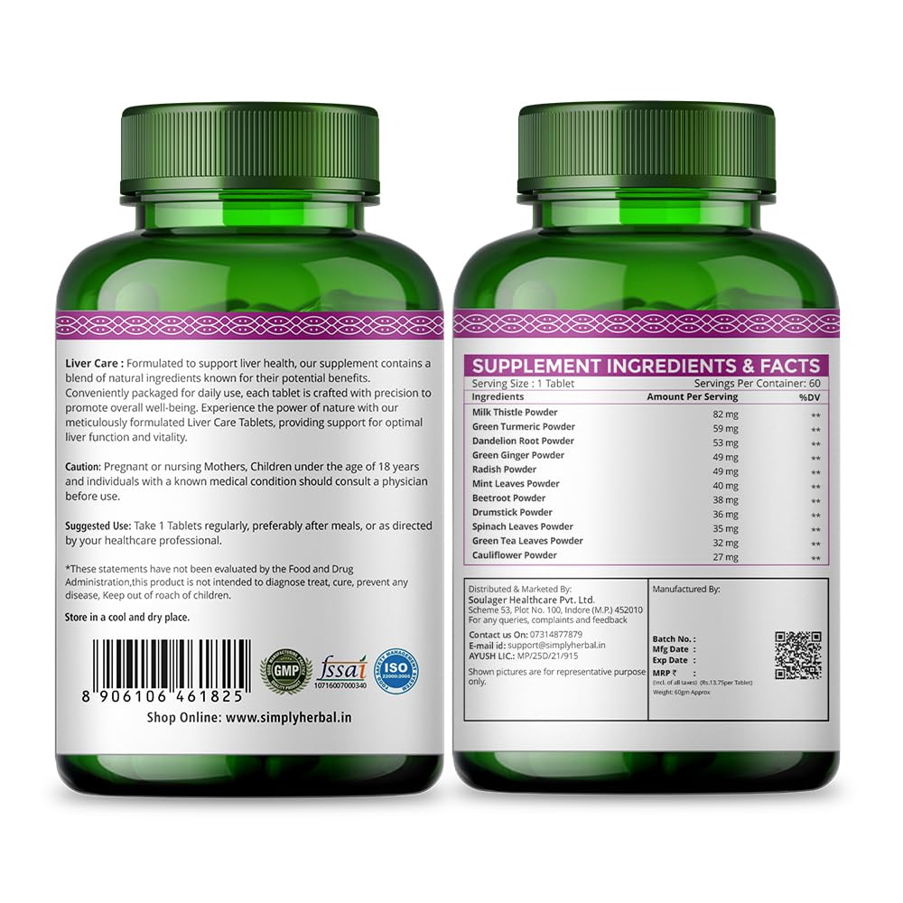 Simply Herbal Plant Based Liver Detox Tablet, Milk Thistle Extract Supplement for Men and Women | Liver Care Health & Gall Bladder Health Supplement | Dandelion, Drumstick, Green Turmeric (60 Tablets)