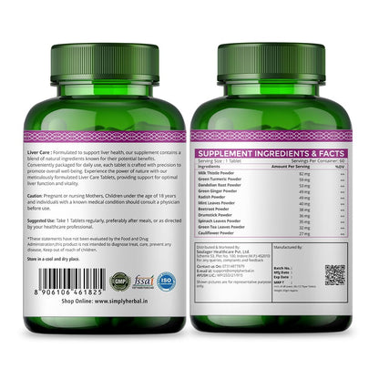 Simply Herbal Plant Based Liver Detox Tablet, Milk Thistle Extract Supplement for Men and Women | Liver Care Health & Gall Bladder Health Supplement | Dandelion, Drumstick, Green Turmeric (60 Tablets)