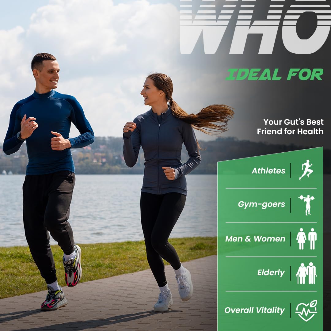 Two people running outdoors with promotional text about health and fitness products.
