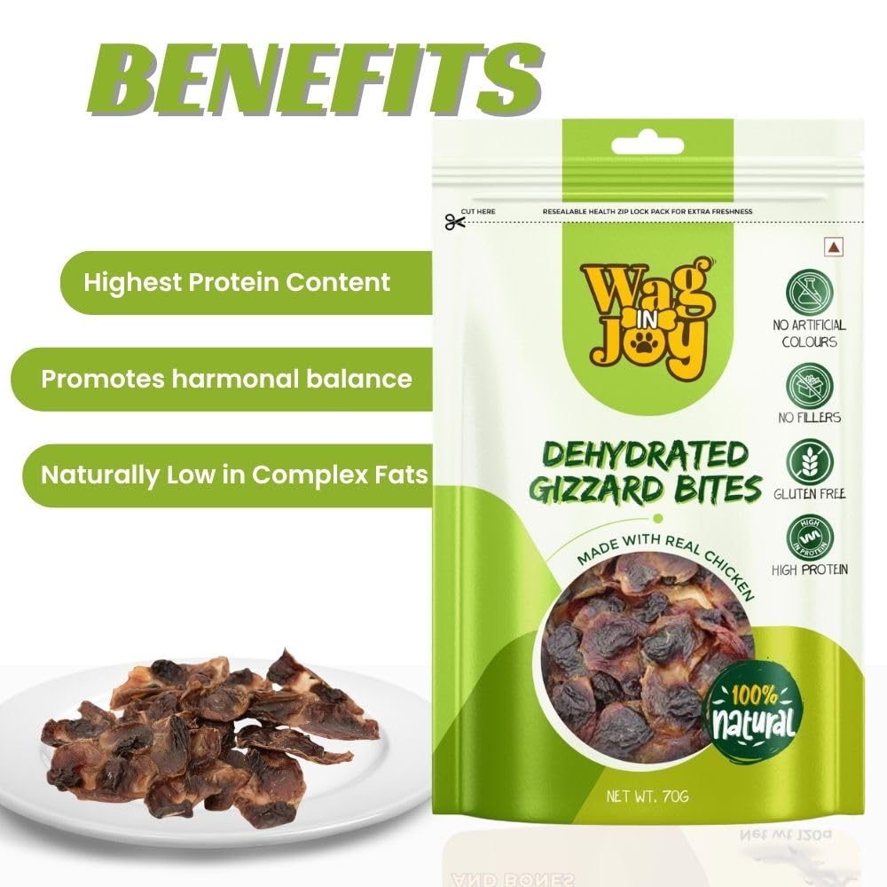 WAG IN JOY Dehydrated Chicken Gizzard Bites for Dogs – 100% Natural, High Protein, Grain-Free, No Fillers, Healthy Dog Treats (70g)