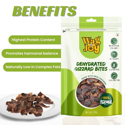 WAG IN JOY Dehydrated Chicken Gizzard Bites for Dogs – 100% Natural, High Protein, Grain-Free, No Fillers, Healthy Dog Treats (70g)