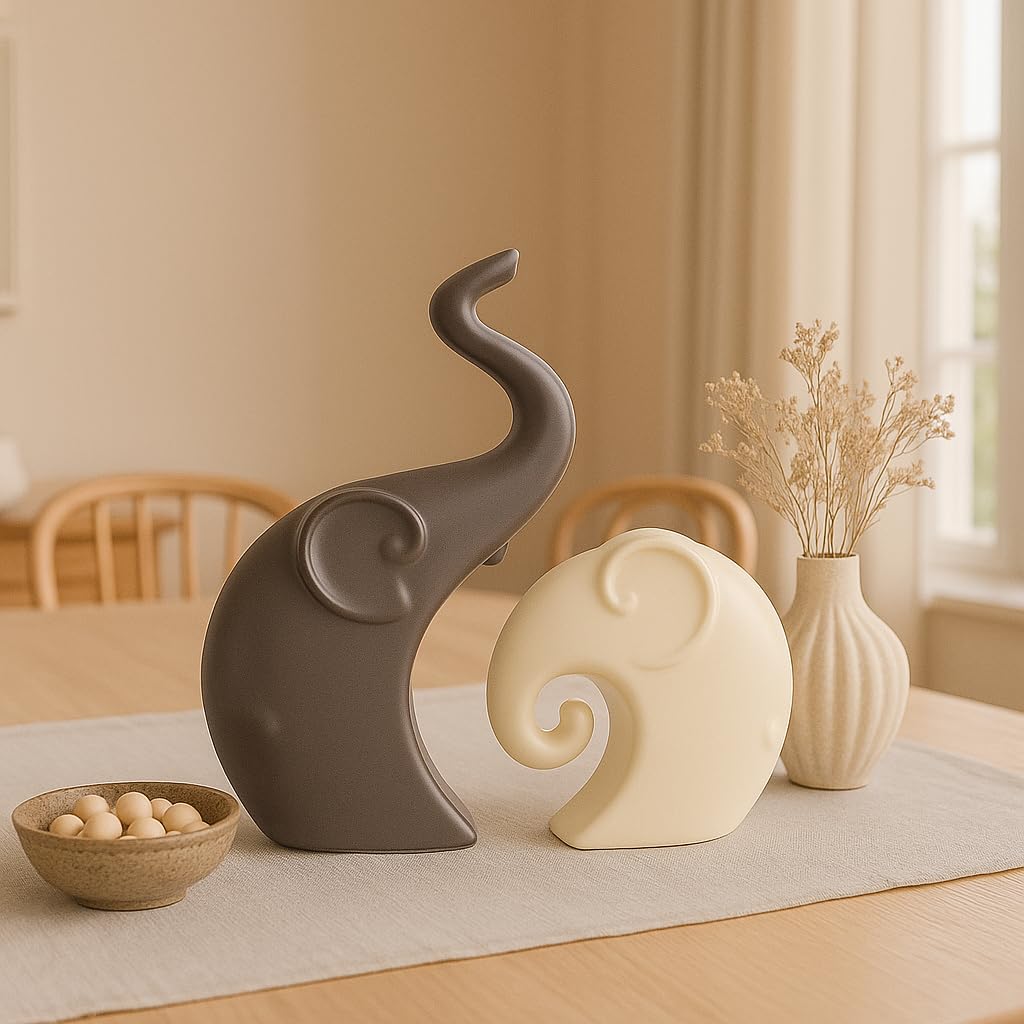 Lavish  Matte Home Décor Elephant Set | Ceramic Figurines - (Set of 2 piece, Brown Cream)