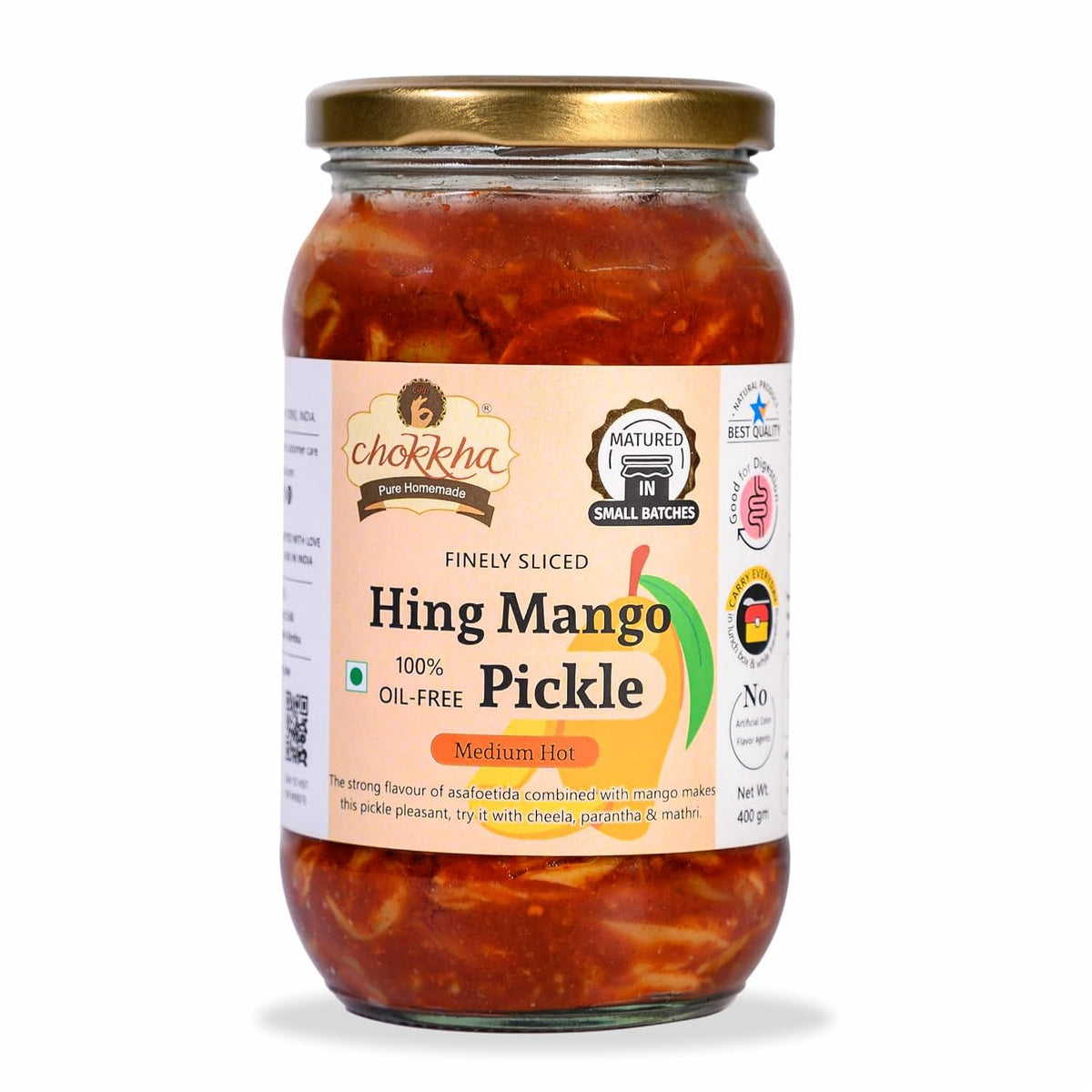 Chokkha Traditional Homemade Hing Mango Pickle | Hing aam ka achar | Good for Digestion | 100% Oil-Free Pickle | Handcut | Sun Dried | No Artificial Colors | No Vinegar or Tatri | 400 Gm