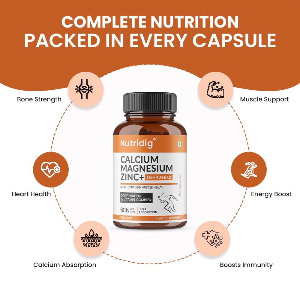 Nutridig Veg Calcium Magnesium Zinc Supplement with Vitamin D3, K2 MK7 & B12 | Daily Bone, Muscle & Mineral Nutrition for Men & Women - 60 Capsules