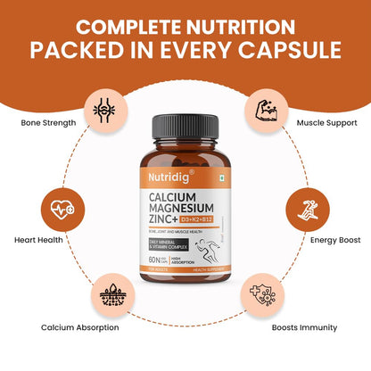 Nutridig Veg Calcium Magnesium Zinc Supplement with Vitamin D3, K2 MK7 & B12 | Daily Bone, Muscle & Mineral Nutrition for Men & Women - 60 Capsules