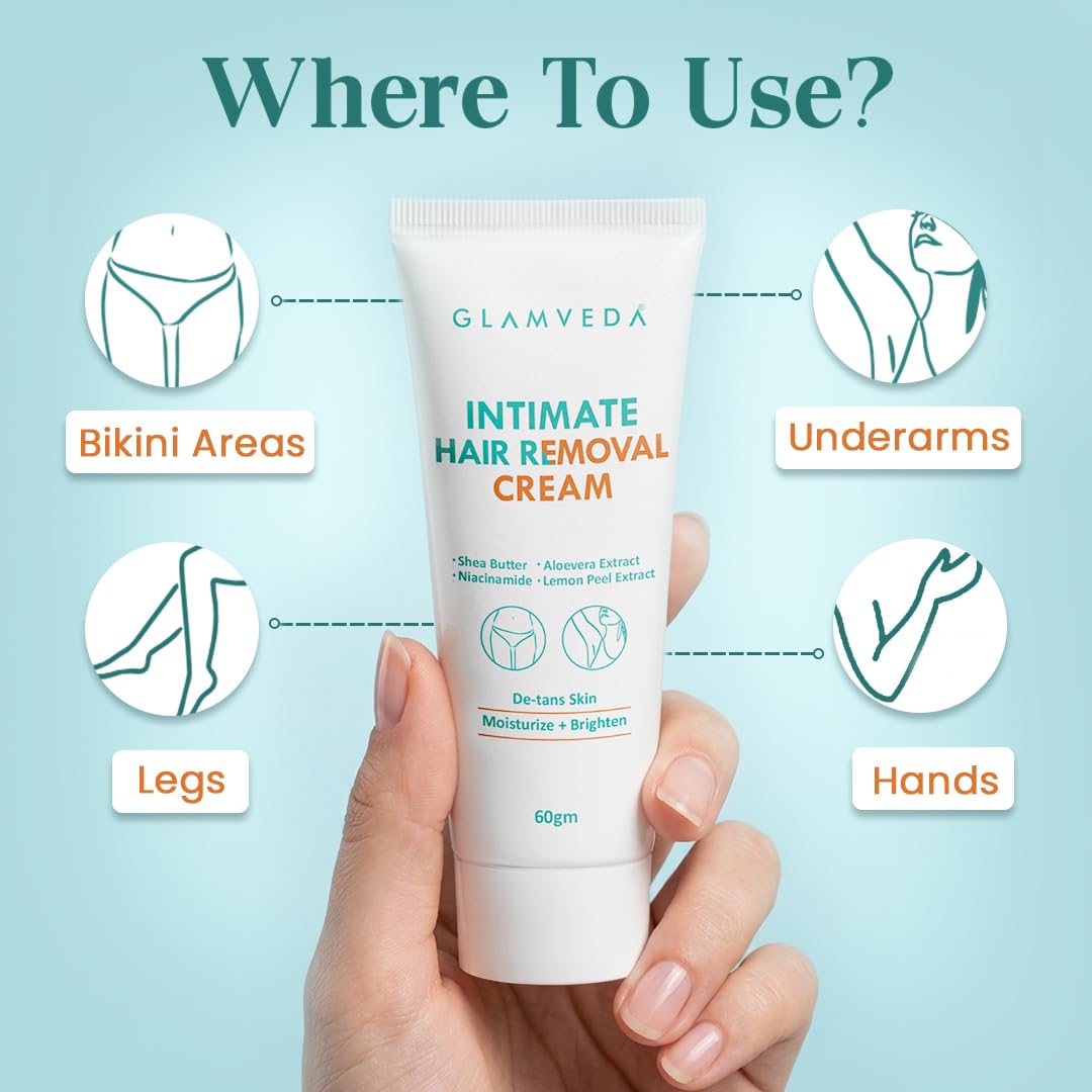 Glamveda Intimate Hair Removal Cream for Women | Gentle Hair Remover for Bikini Line & Sensitive Areas | With Aloe Vera Extract | Painless & Smooth Hair Removal | 60g