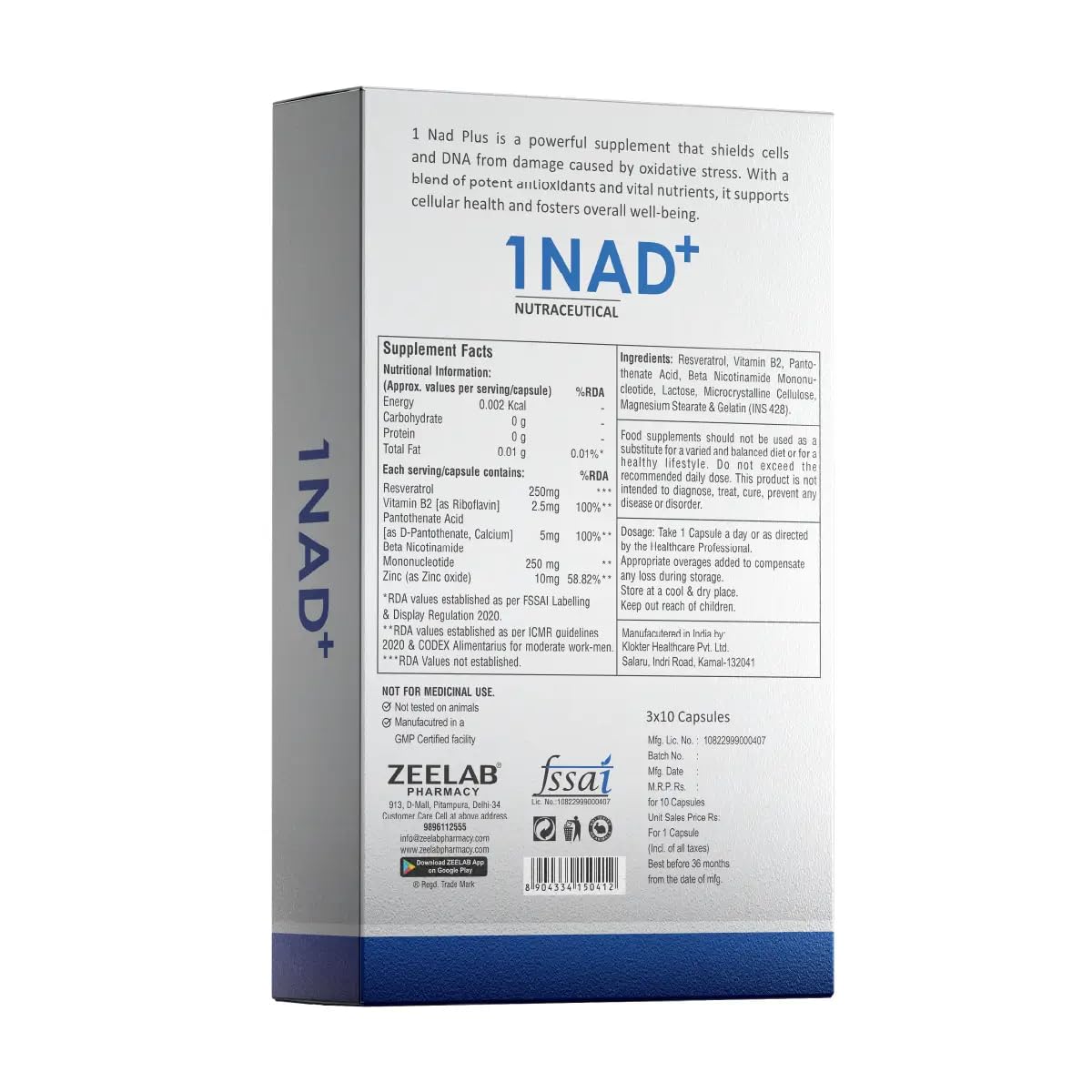 Supplement packaging with '1NAD+' branding on a white background