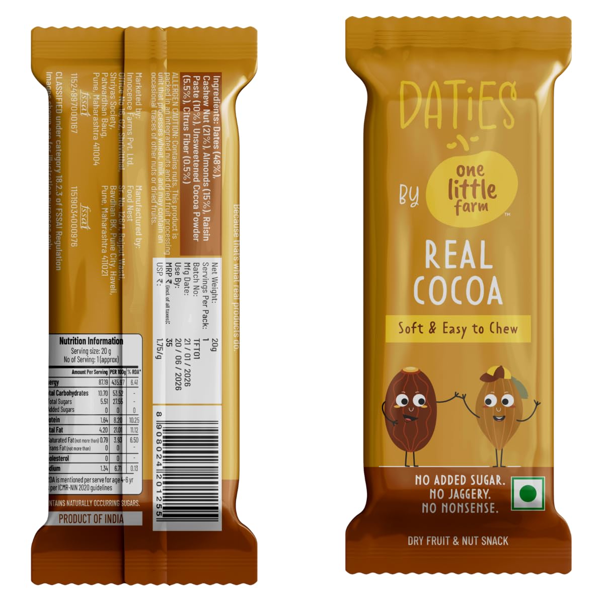Daties by One Little Farm - Combo Pack Date Bites | Made with Dates, Cashew & Almond | Clean-Label Healthy Snack for Kids | Soft and Easy to Chew | No Added Sugar or Jaggery | 20g Each (Pack of 8)