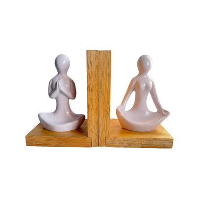 eCraftIndia Wooden Book End and Yoga Lady Statues Decorative Showpiece for Home Decor in Living Room Office