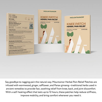 Three packages of Mountainor Knee Patch Herbal Pain Relief on a white background