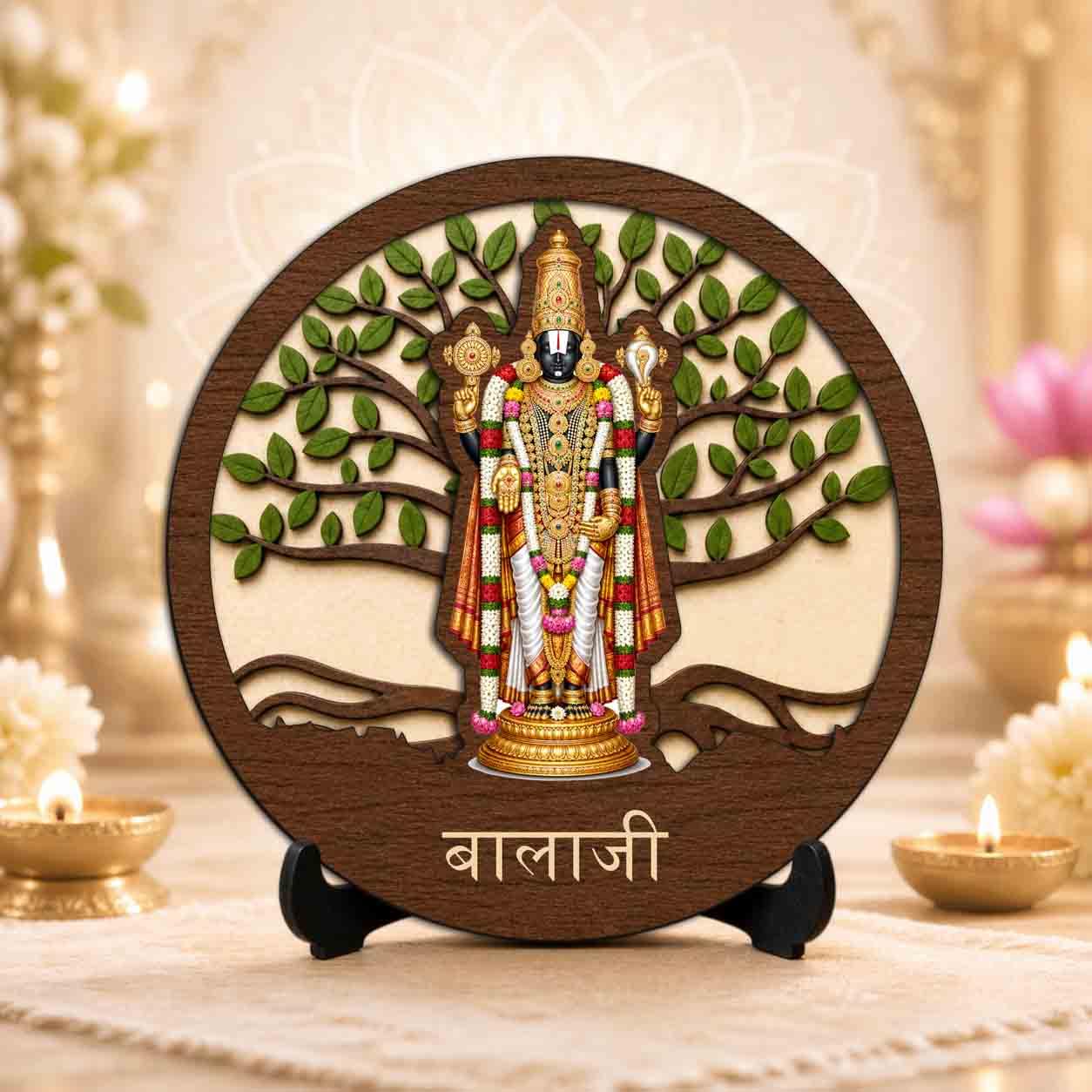 Plan To Gift Tirupati Balaji Wooden Idol with Stand for Home Temple, Puja Room, Office Desk & Indoor Mandir Decor - 5x5 Inch