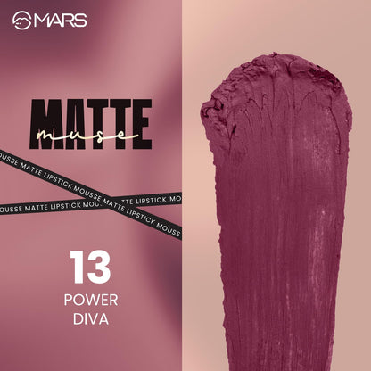 MARS Matte Muse Mousse Lipstick (3ml) (13-POWER DIVA) with Doe-Foot Applicator | Highly Pigmented | Smooth Texture | Hydrating Formula | Blurry Lips Effect